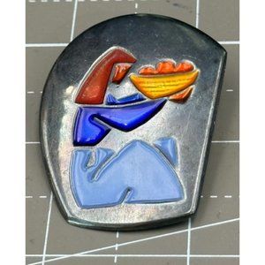 Mid Century Modern Israel Enamel Brooch or Pendant Woman Sitting With Fruits